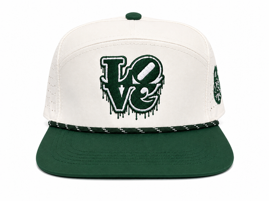 Front view of the Fore the Love of the Game Hat featuring a bold dripping LOVE design embroidered in Philadelphia-inspired green on a premium black rope golf hat.