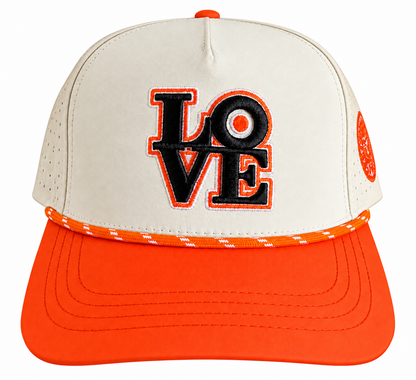 From Broad Street with Love Hat in cream and orange with embroidered black LOVE design and orange rope detail