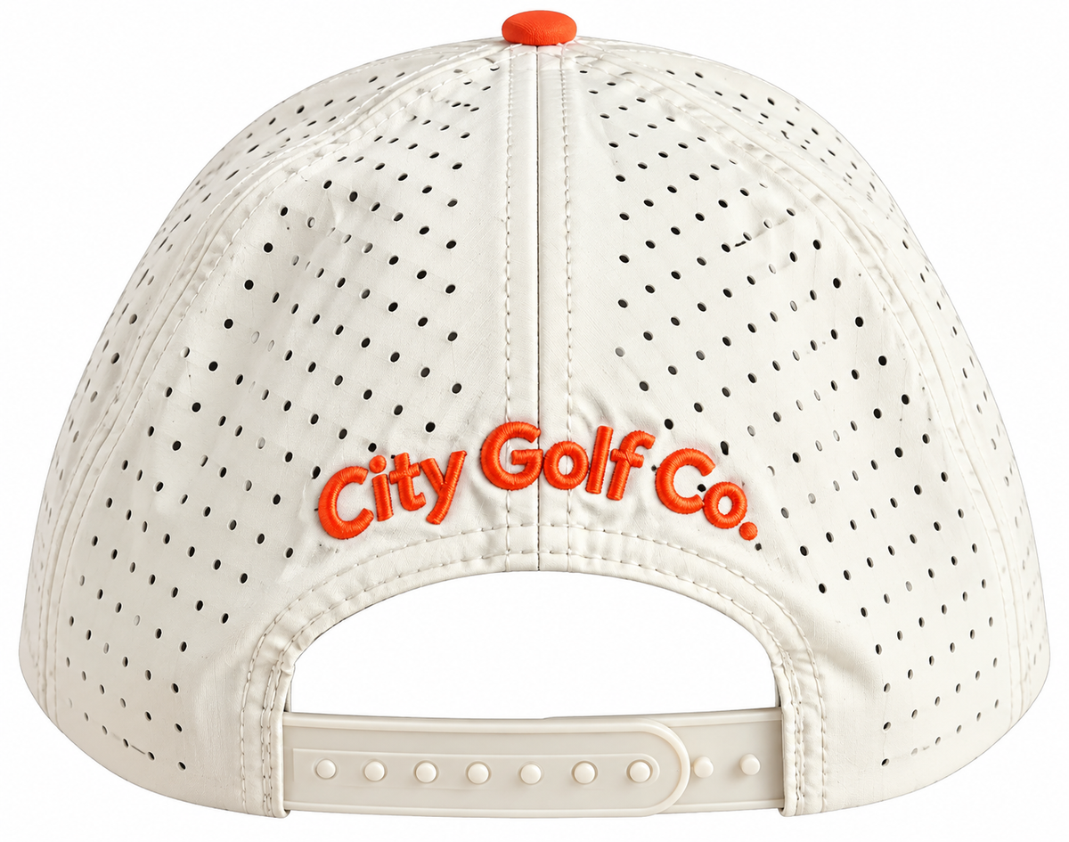 Back view of From Broad Street with Love Hat with cream perforated panels, adjustable snapback and orange City Golf Co. embroidery