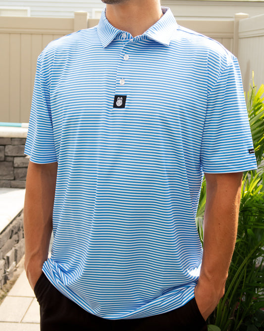 Front view of The Captain Ron blue and white striped golf polo by City Golf Collective