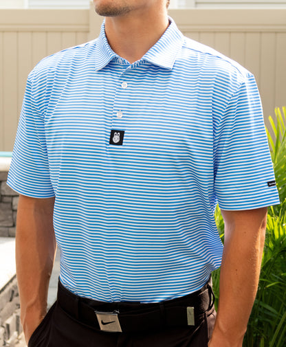 Alternate front angle of The Captain Ron blue and white striped men’s golf polo by City Golf Collective showing collar detail.