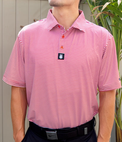 Alternate front view of The Ron Burgundy golf polo by City Golf Collective showing collar and pattern detail.