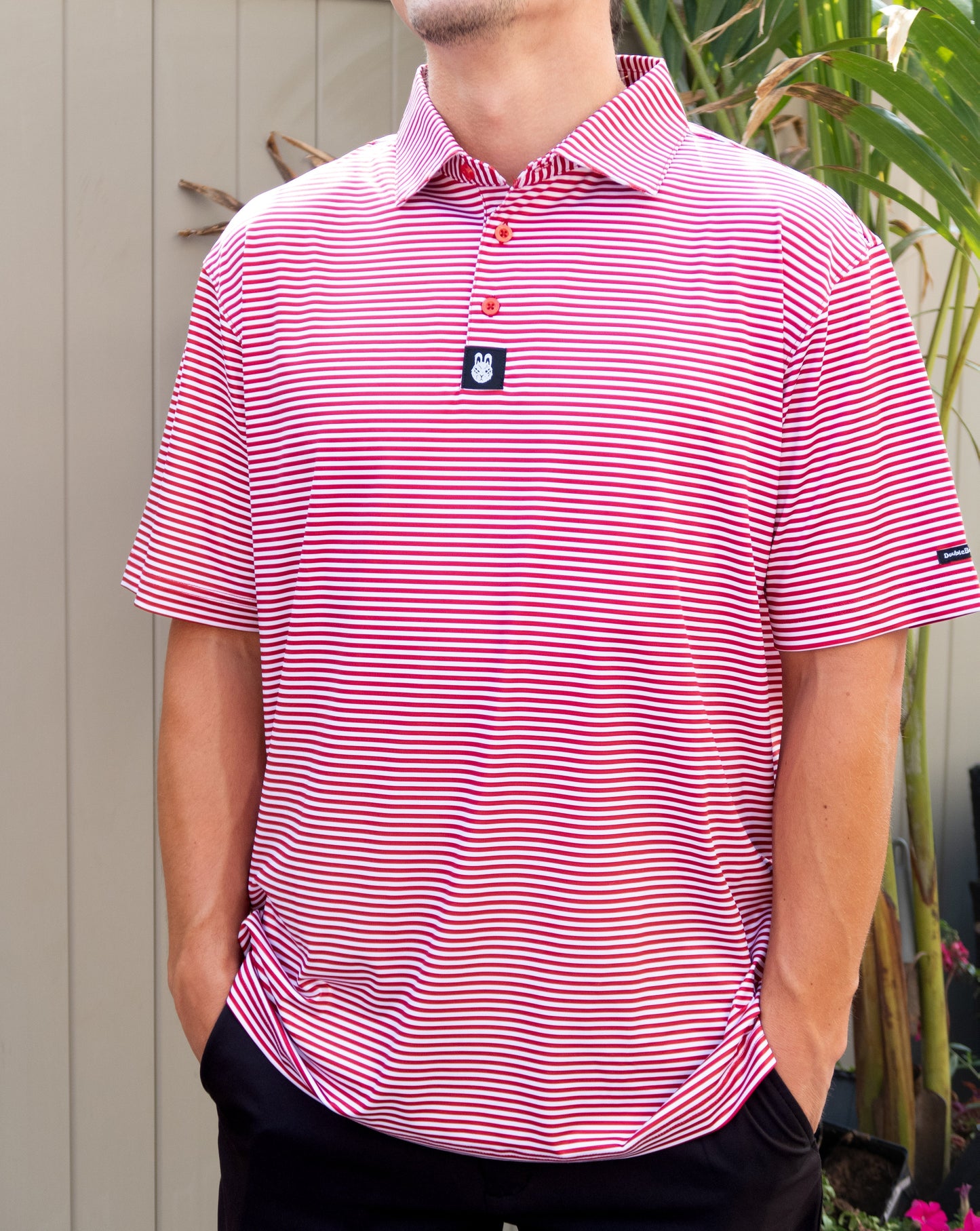 Front view of The Ron Burgundy burgundy-striped men’s golf polo by City Golf Collective