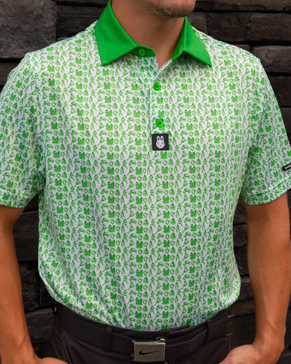 Alternate front angle of the Birds & Bogeys Philadelphia golf polo by City Golf Collective showing collar detail.