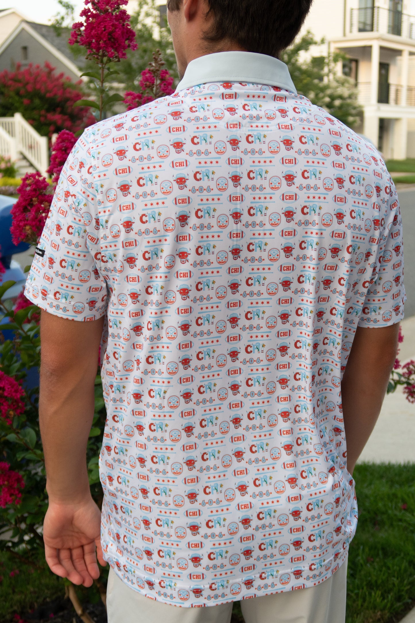 Back view of the Second City Swing Chicago inspired men’s golf polo by City Golf Collective showing full design.