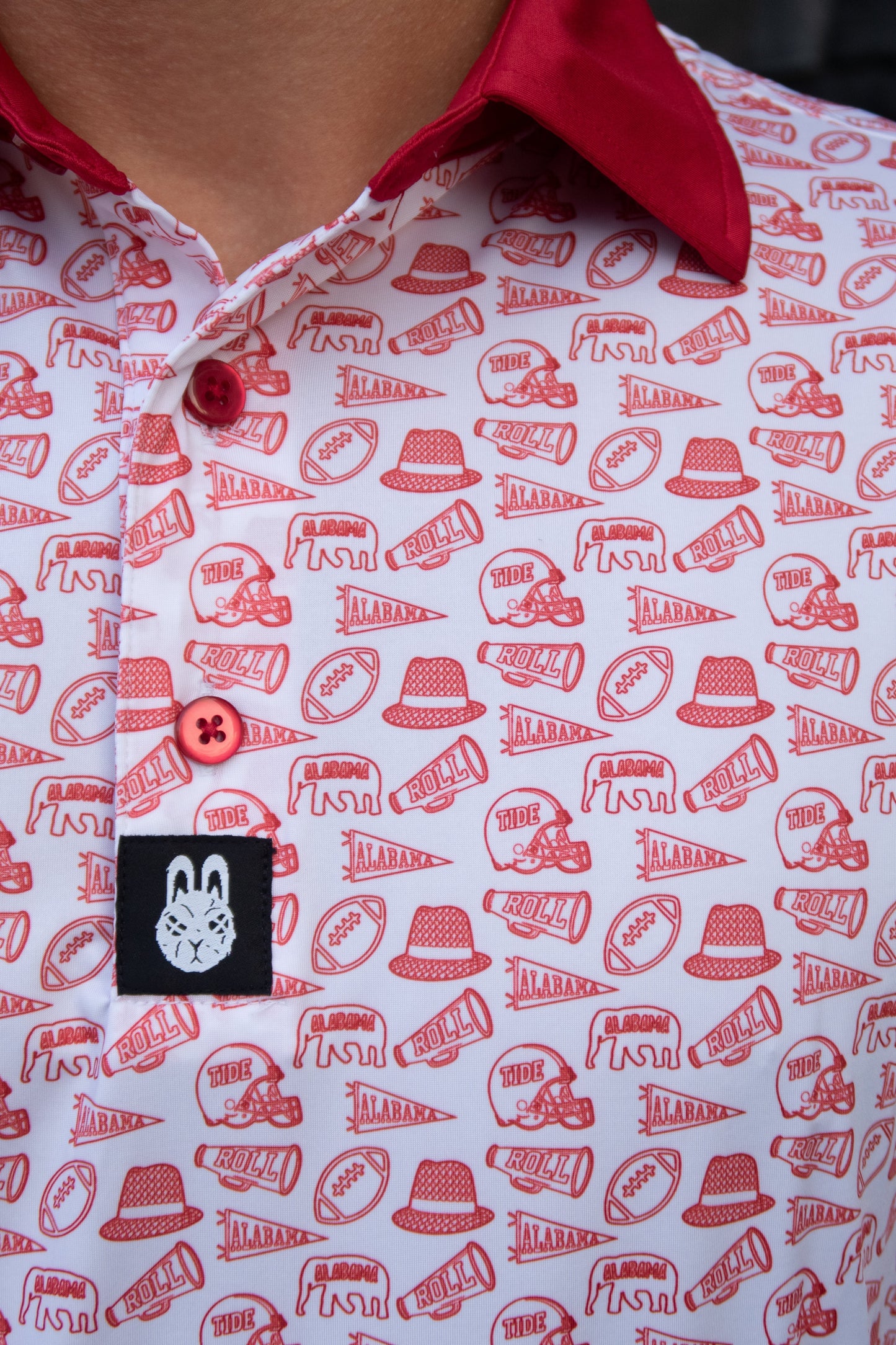 Close-up of the Saturdays in Tuscaloosa Alabama inspired golf polo by City Golf Collective showing texture and color.