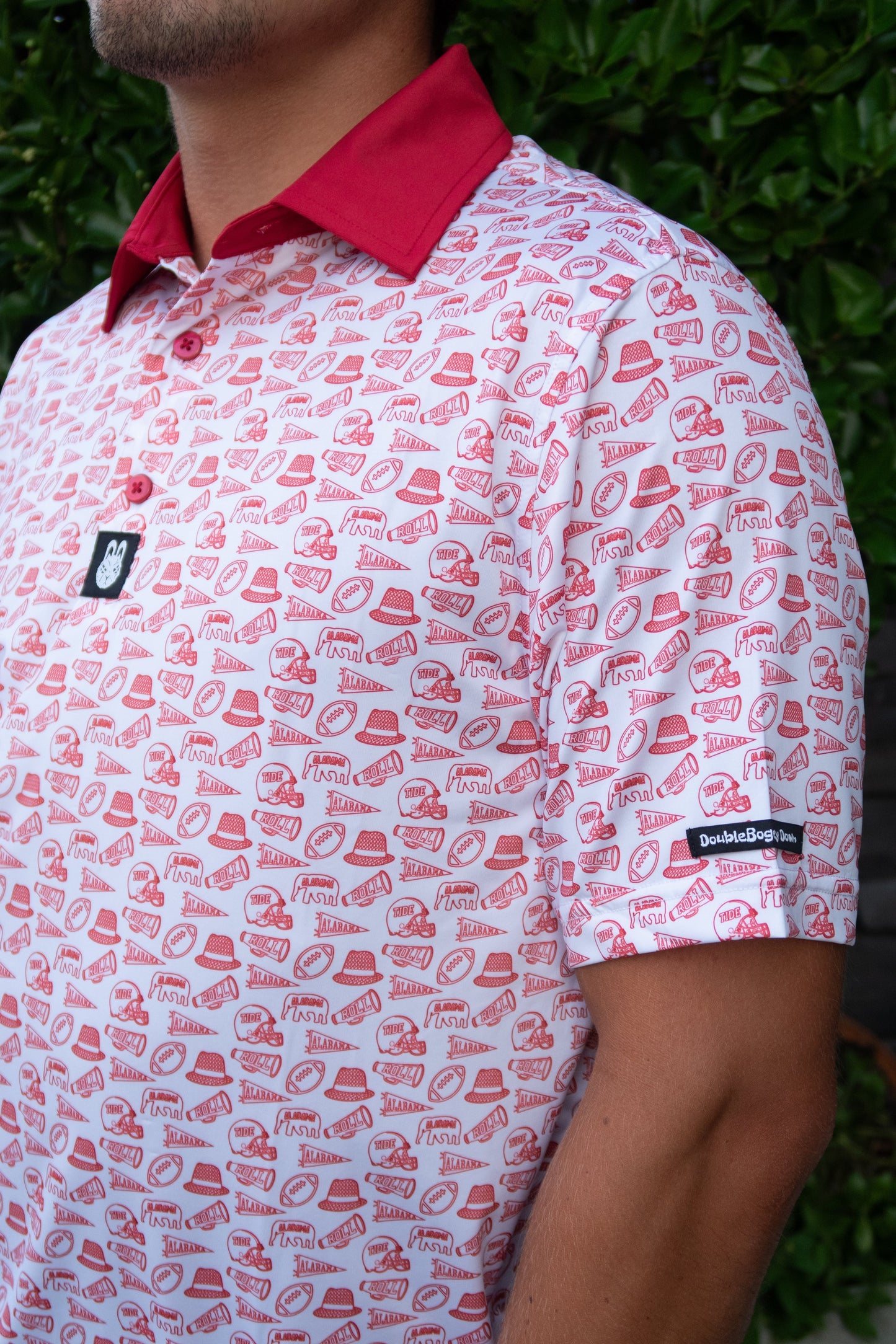 Alternate front view of the Saturdays in Tuscaloosa Alabama golf polo by City Golf Collective showing collar and logo.