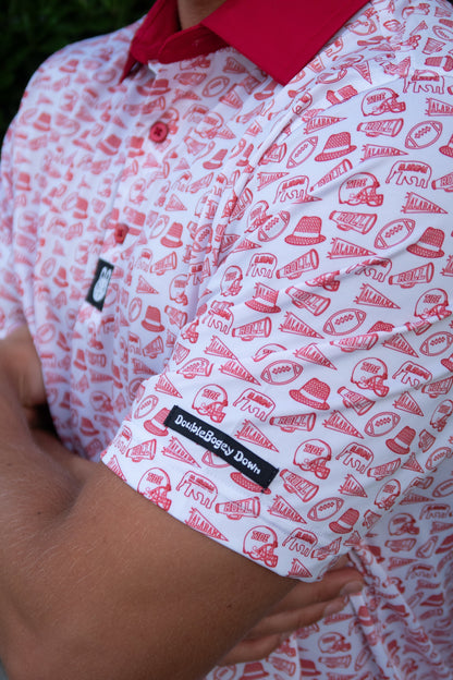 Side view of the Saturdays in Tuscaloosa Alabama men’s golf polo by City Golf Collective showing fit and sleeve detail.