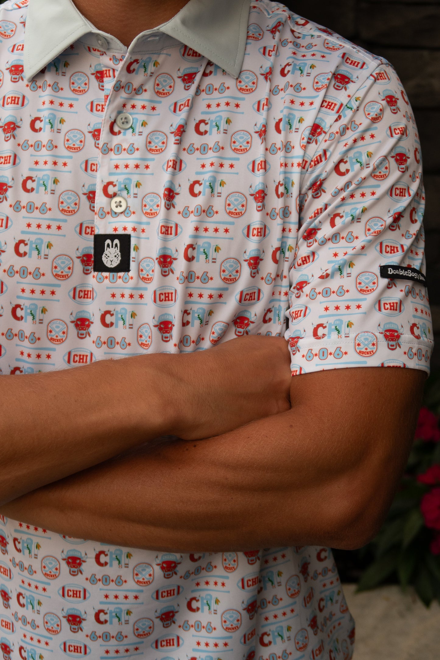 Alternate front view of the Second City Swing Chicago golf polo by City Golf Collective showing collar detail.