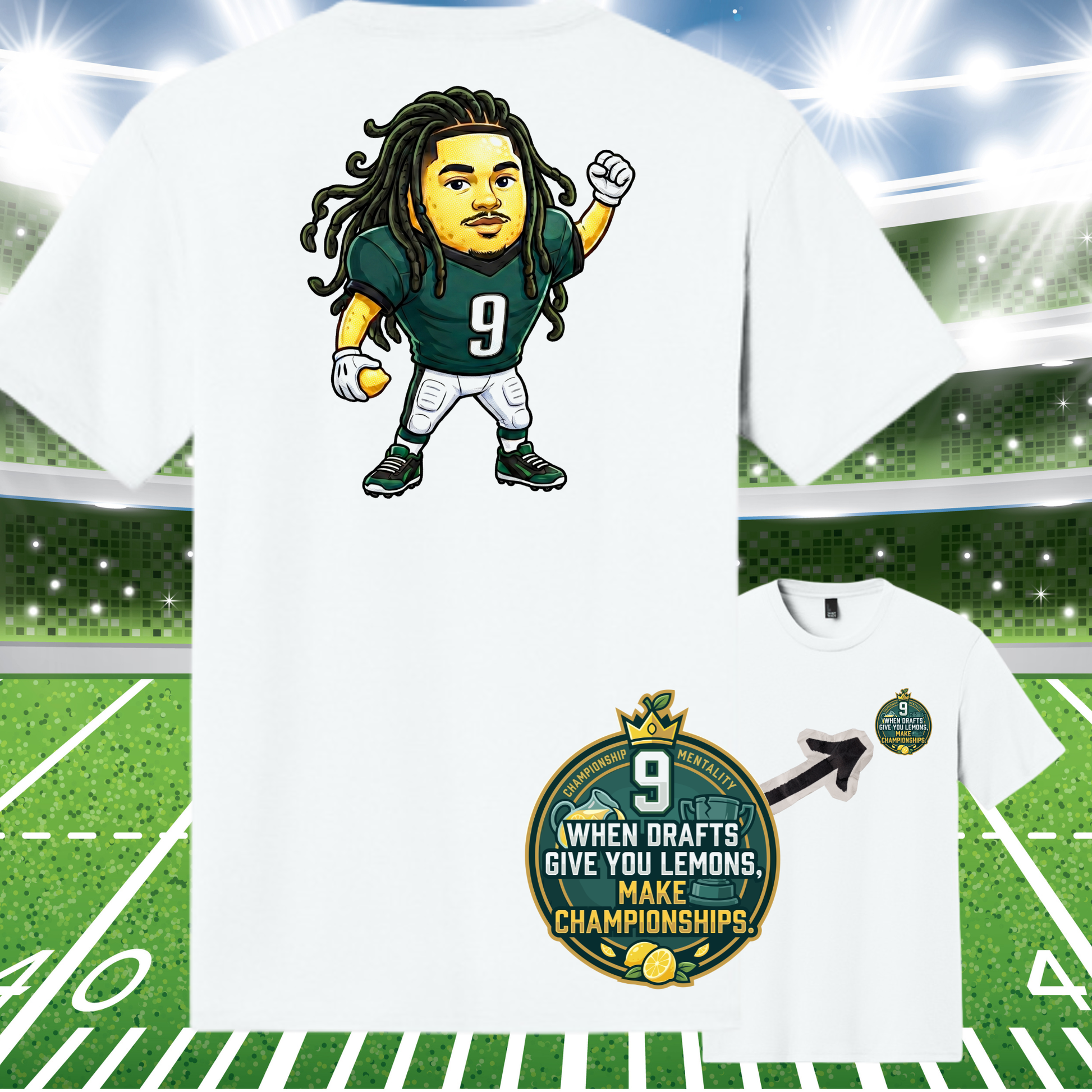 Lemonhead Makai T-shirt by City Golf Collective featuring cartoon football player wearing number 9 on front and “When Drafts Give You Lemons Make Championships” graphic on chest