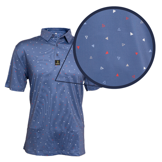 Close-up of the fabric of Merica Men’s Golf Polo – moisture-wicking, breathable material offering comfort and flexibility during golf rounds and casual wear.