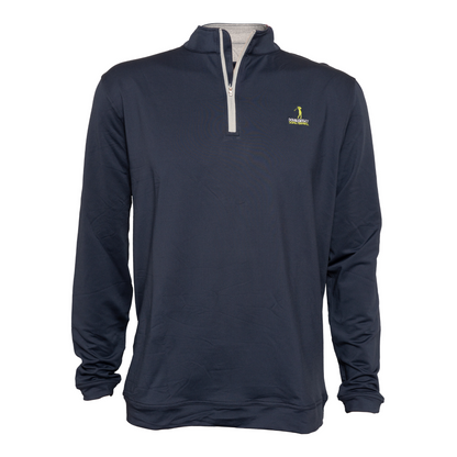 Front view of The Back Nine Zip – stylish navy quarter zip for men, designed for golf performance and casual versatility