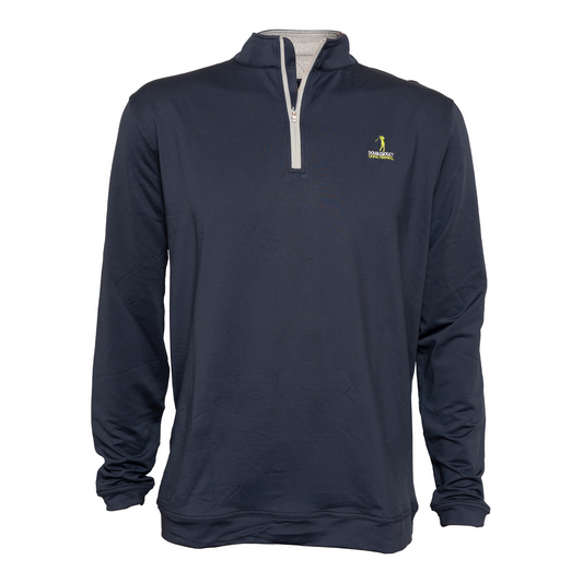 Front view of The Back Nine Zip – stylish navy quarter zip for men, designed for golf performance and casual versatility