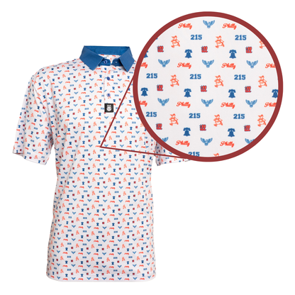 Close-up of The Philly Phrenetic Philadelphia golf polo by City Golf Collective showing texture and stitching detail.