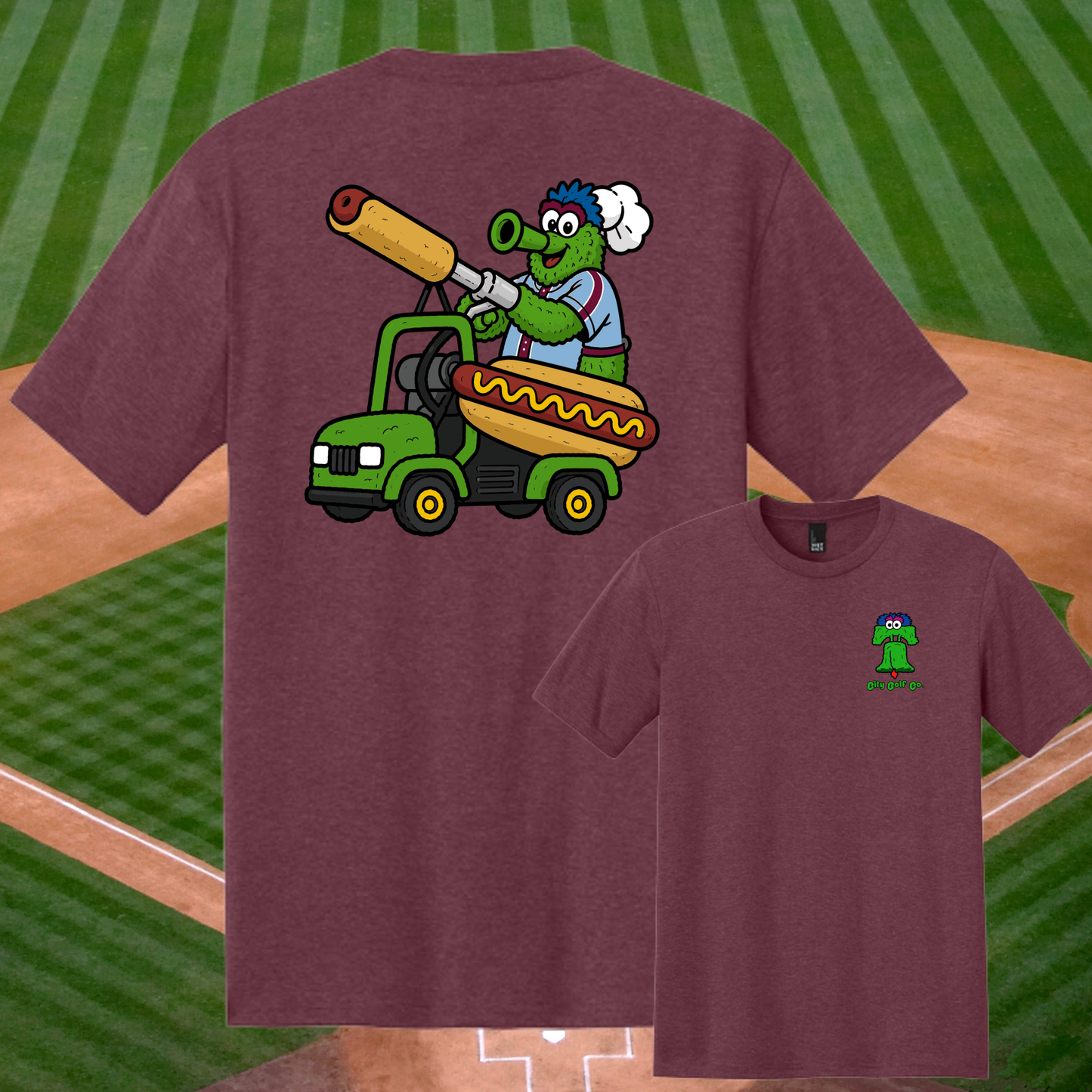 Fuzz Face Philly tee with hot dog cart and fuzzy mascot on golf course