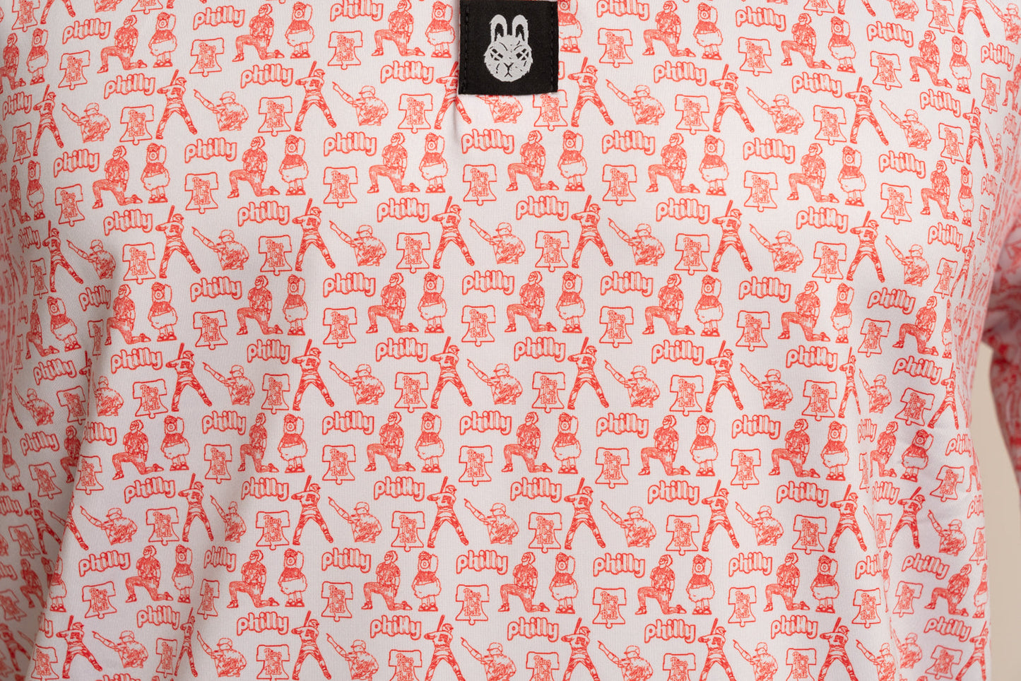 Close-up of The South Philly Sandlot Philly baseball golf polo by City Golf Collective showing texture and logo.