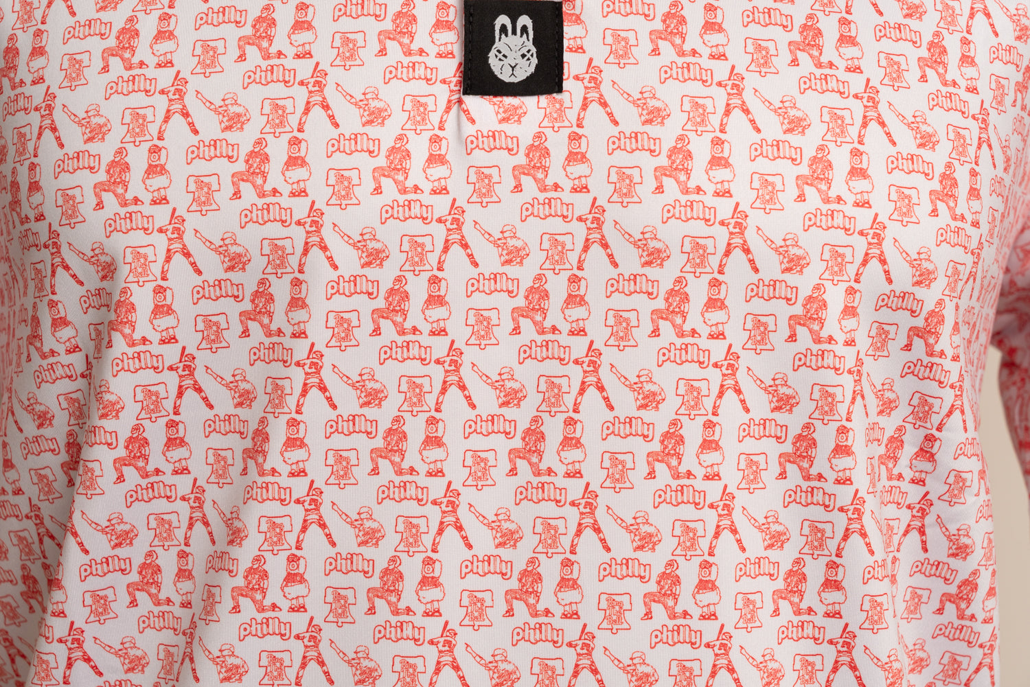 Close-up of The South Philly Sandlot Philly baseball golf polo by City Golf Collective showing texture and logo.