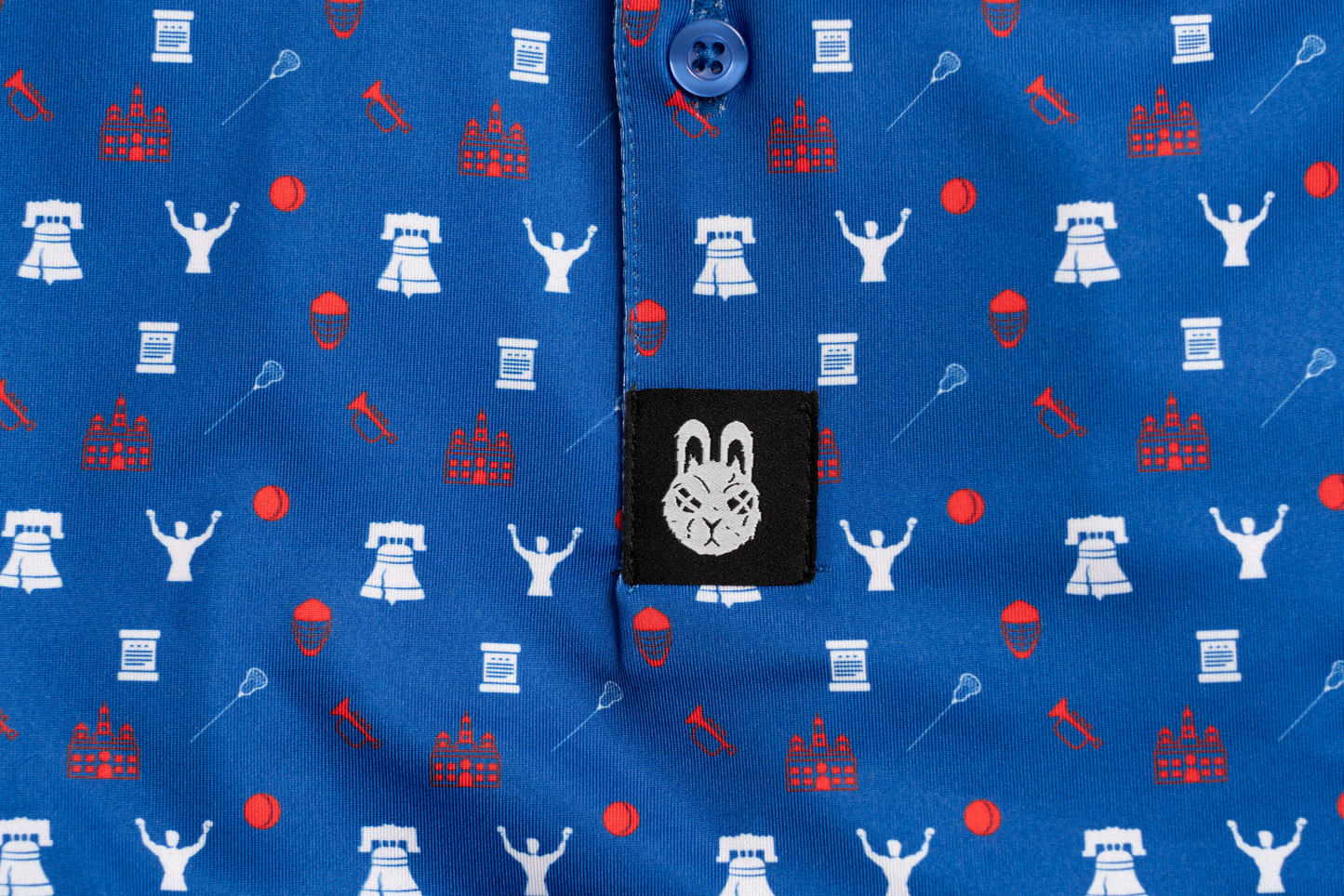 Close-up of The Philly Jawn Philly golf polo by City Golf Collective showing fabric and stitching.