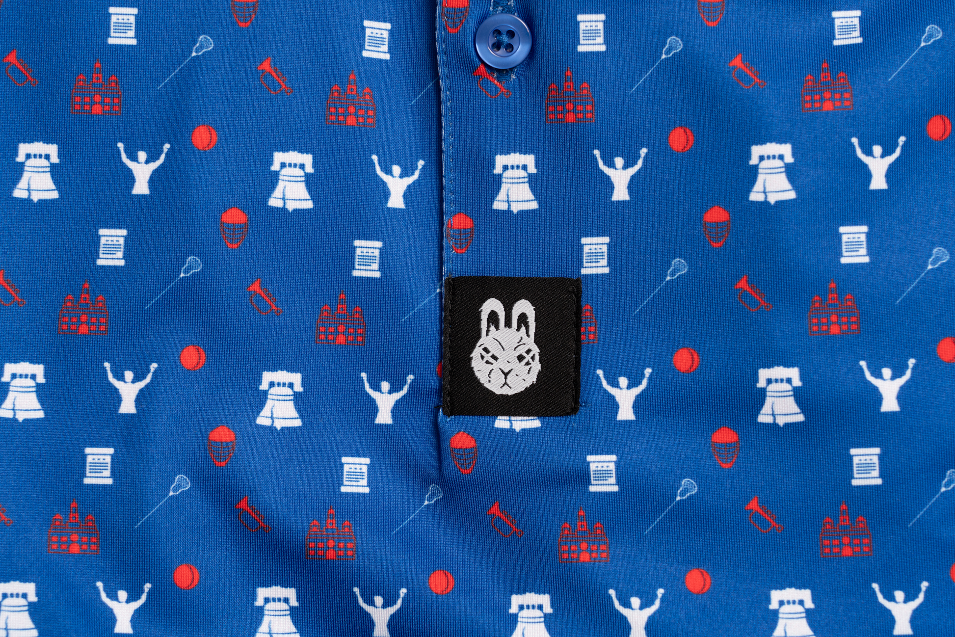 Close-up of The Philly Jawn Philly golf polo by City Golf Collective showing fabric and stitching.