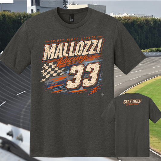 Mallozzi Racing 33 graphic T-shirt by City Golf Collective featuring Friday Night Lights design with checkered flag and bold racing typography on front and logo on back