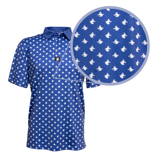 Close-up of Mr. Stay-Puft Golf Polo fabric, highlighting its soft, moisture-wicking material designed for comfort, durability, and performance on the golf course.