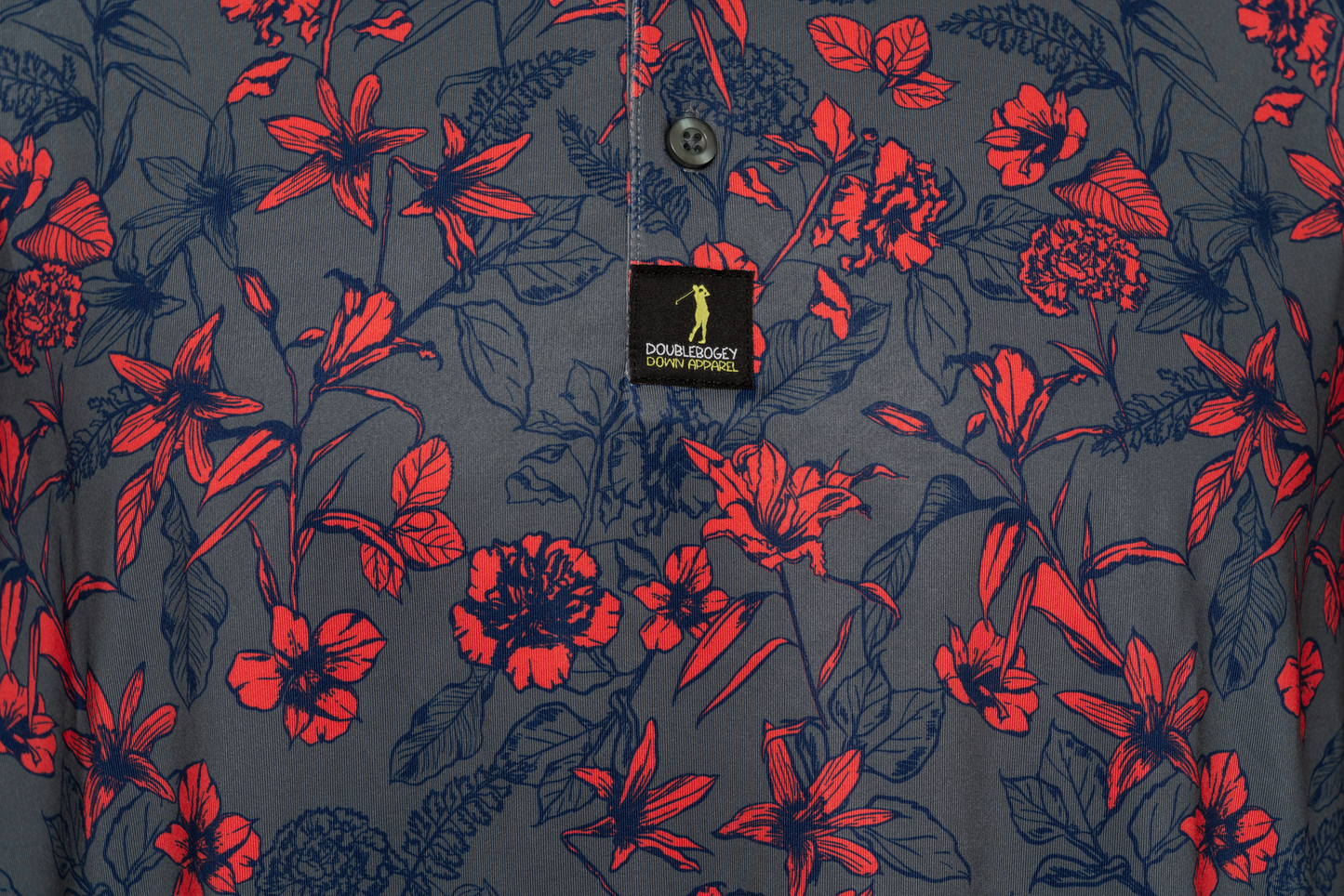 Close-up of Vice City men’s golf polo graphic – subtle Rockstar-inspired details with a sleek design, perfect for adding bold style to your golf outfit.